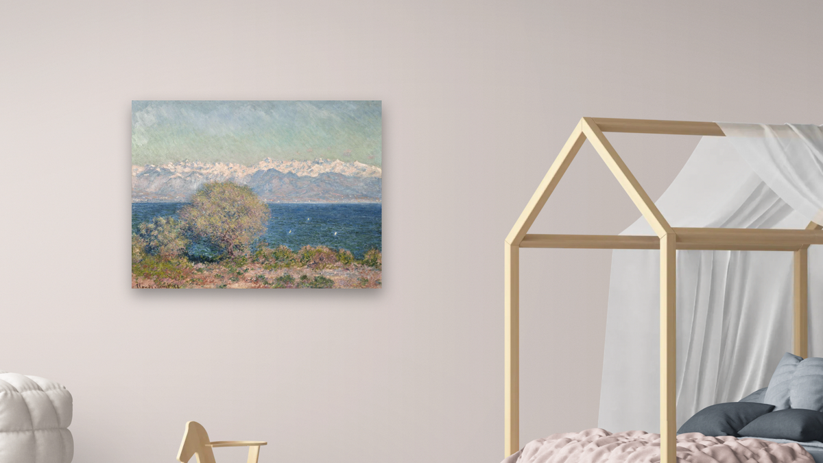 View of Cap d'Antibes by Claude Monet, shown at 32 × 40 in (81.3 × 101.6 cm) as gallery-wrapped canvas, bedroom