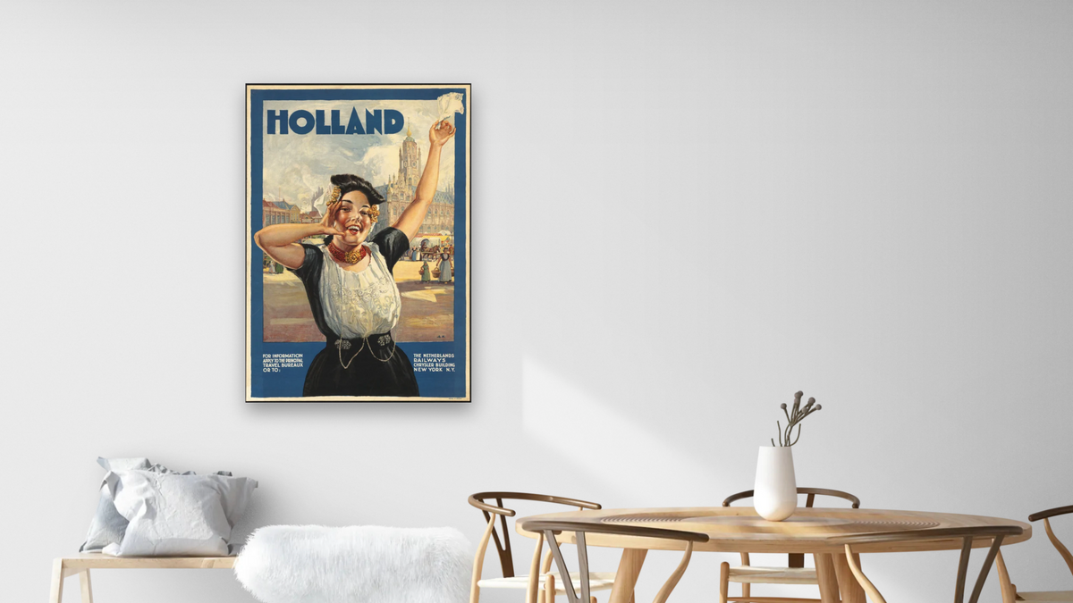 BPL Travel Posters, shown at 28 × 42 in (71.1 × 106.7 cm) as gallery-wrapped canvas, dining