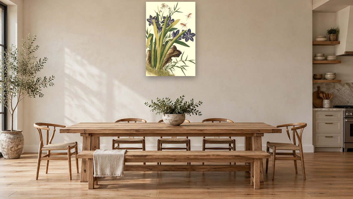 Aristea by Pierre Joseph Buchoz, shown at 28 × 42 in (71.1 × 106.7 cm) as gallery-wrapped canvas, kitchen