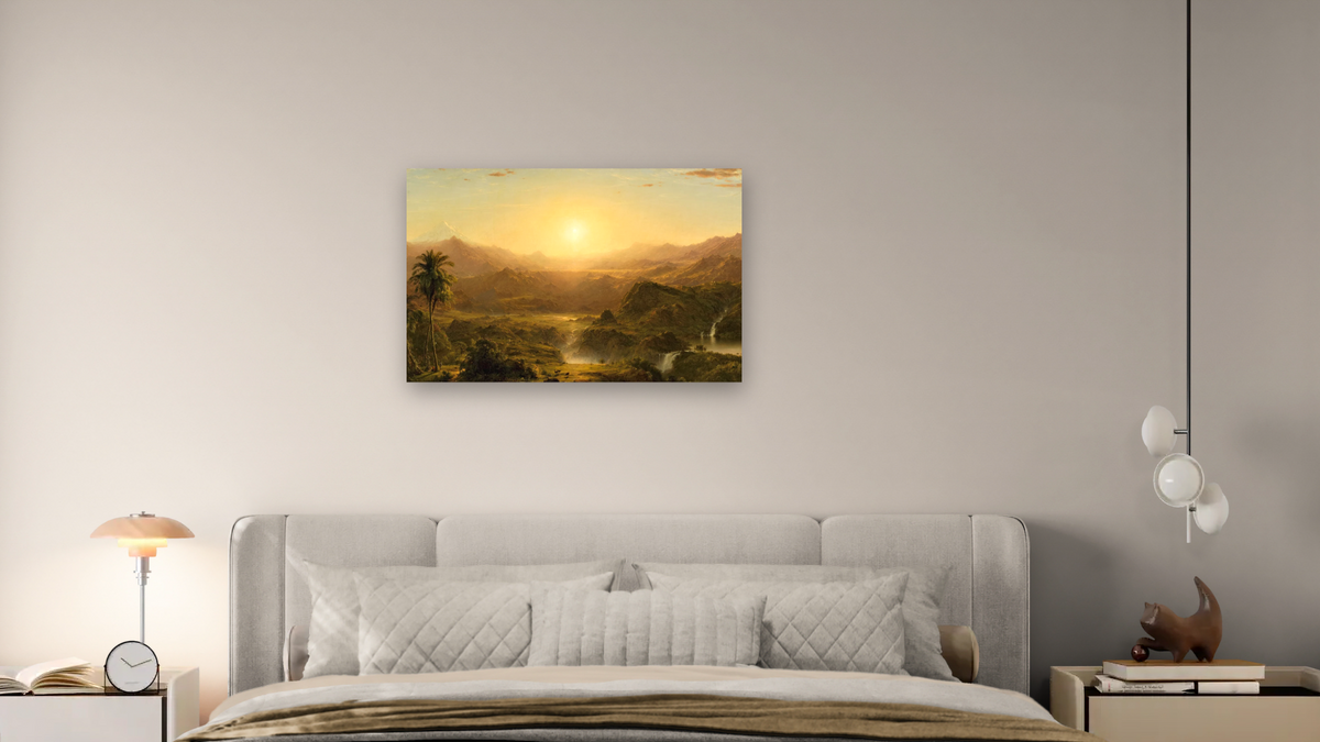 The Andes of Ecuador by Frederic Edwin Church, shown at 28 × 42 in (71.1 × 106.7 cm) as gallery-wrapped canvas, bedroom