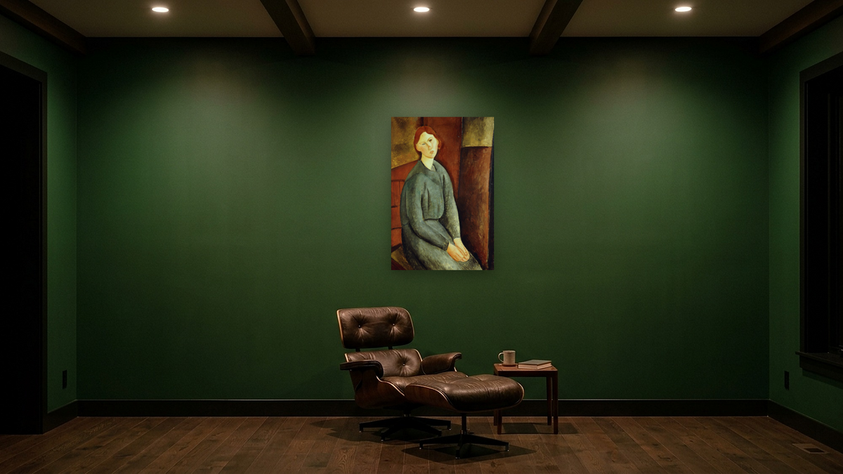 Portrait of Annie Bjarne by Amedeo Modigliani, shown at 28 × 42 in (71.1 × 106.7 cm) as gallery-wrapped canvas, den