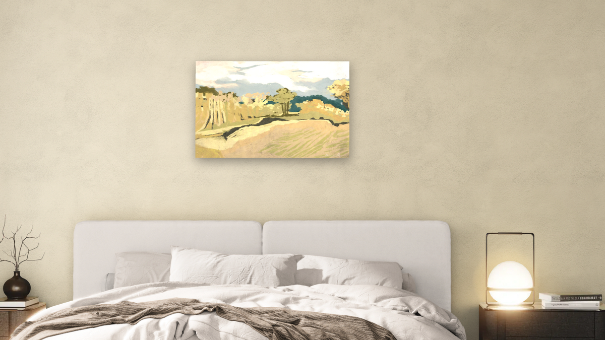 Cornwall Light by Dan Hobday, shown at 28 × 42 in (71.1 × 106.7 cm) as gallery-wrapped canvas, bedroom