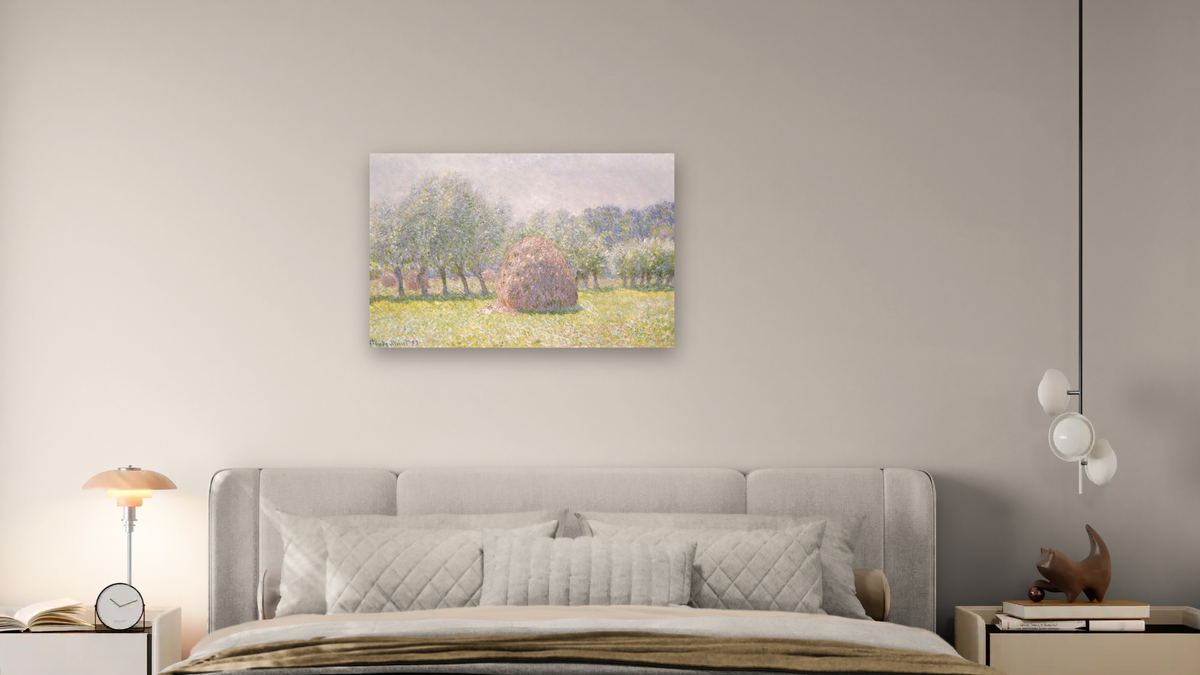 Grainstack by Claude Monet, shown at 28 × 42 in (71.1 × 106.7 cm) as gallery-wrapped canvas, bedroom