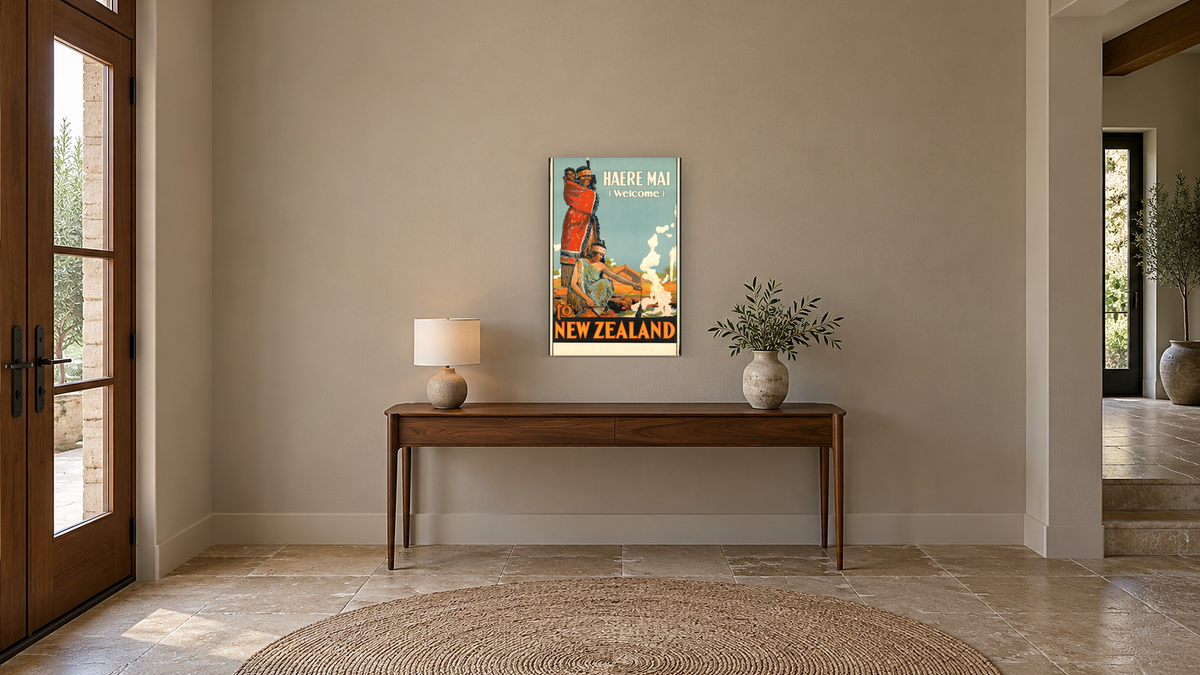 BPL Travel Posters, shown at 28 × 42 in (71.1 × 106.7 cm) as gallery-wrapped canvas, hallway