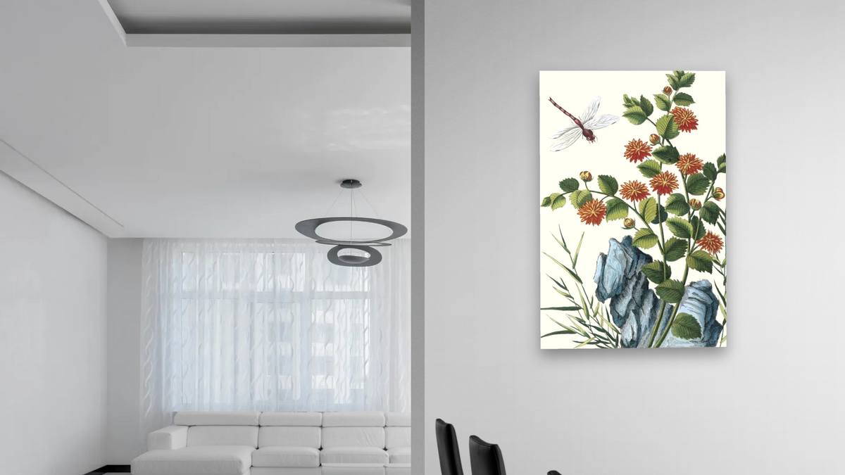 Orange Dahlia with dragonfly by Pierre Joseph Buchoz, shown at 28 × 42 in (71.1 × 106.7 cm) as gallery-wrapped canvas, dining
