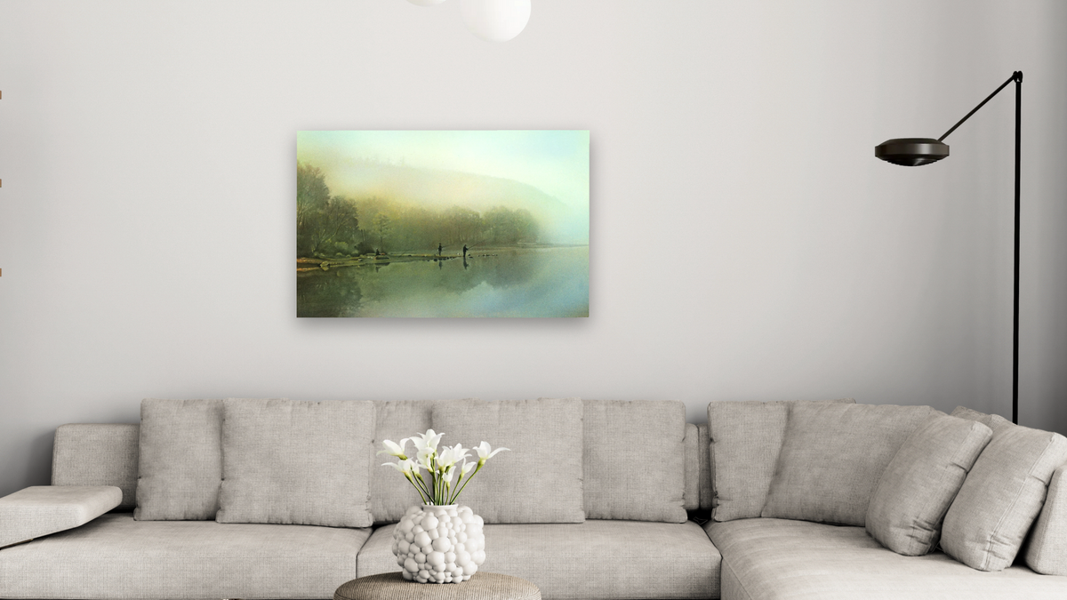 Fishing at Dawn by Kirsten Söderlind, shown at 28 × 42 in (71.1 × 106.7 cm) as gallery-wrapped canvas, living