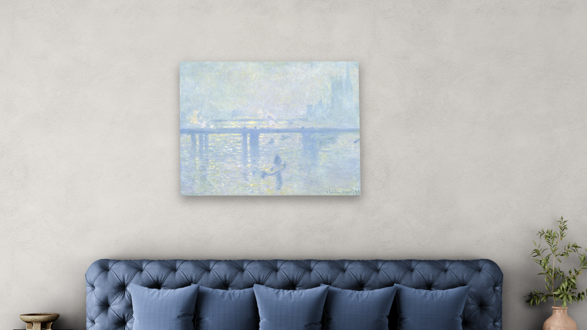 Charing Cross Bridge, London by Claude Monet, shown at 32 × 40 in (81.3 × 101.6 cm) as gallery-wrapped canvas, bedroom