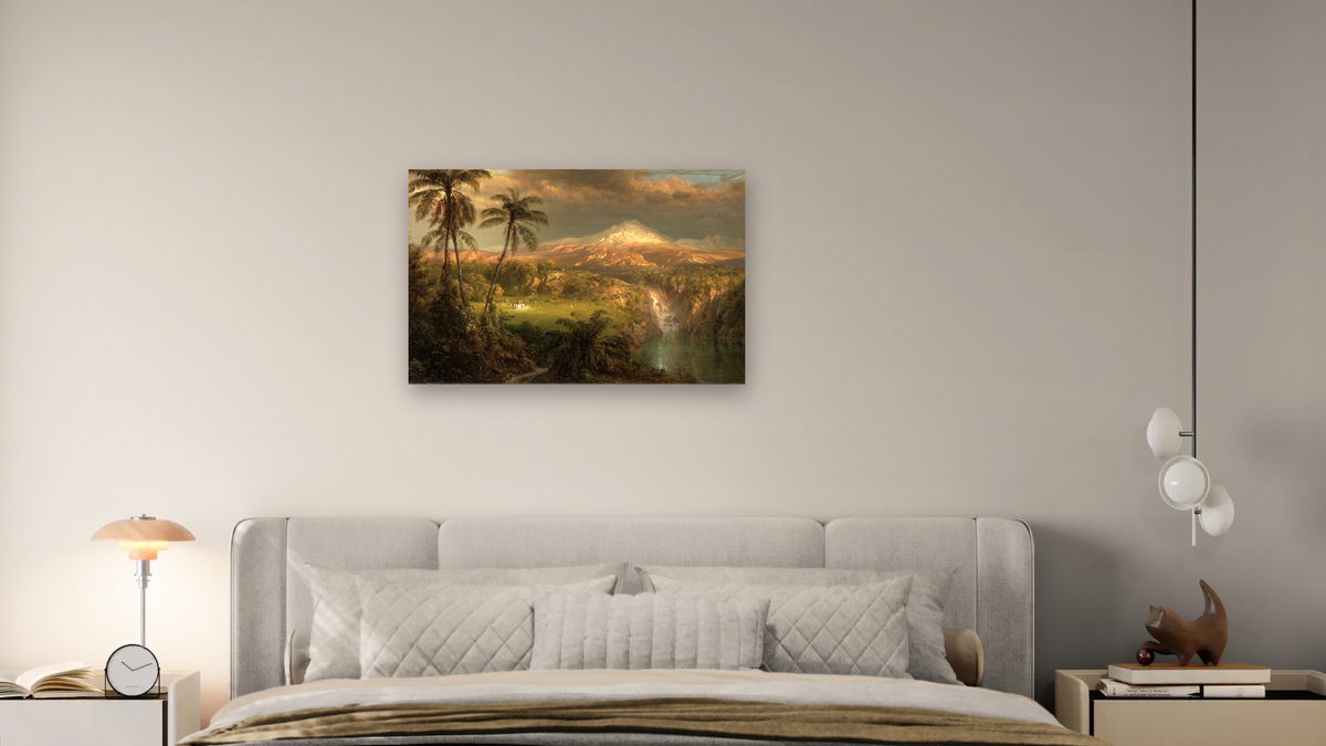 Passing Shower in the Tropics by Frederic Edwin Church, shown at 28 × 42 in (71.1 × 106.7 cm) as gallery-wrapped canvas, bedroom