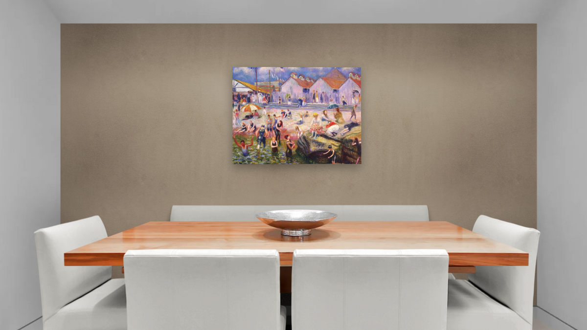 At the Beach by William James Glackens, shown at 32 × 40 in (81.3 × 101.6 cm) as gallery-wrapped canvas, dining