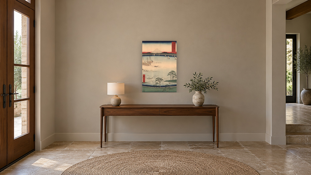 Kuroto Bay in Kazusa Province, no. 34 from Views of Mt. Fuji by Andō Hiroshige, shown at 28 × 42 in (71.1 × 106.7 cm) as gallery-wrapped canvas, hallway