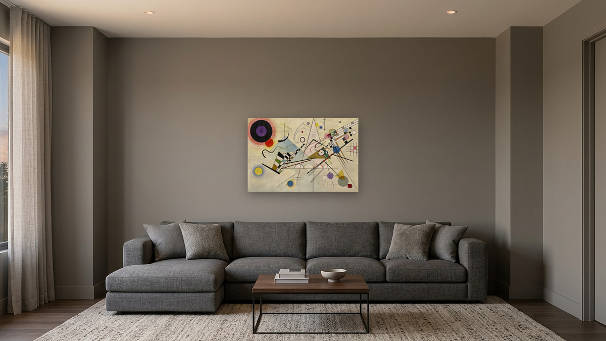 Composition 8, shown at 28 × 42 in (71.1 × 106.7 cm) as gallery-wrapped canvas, media room