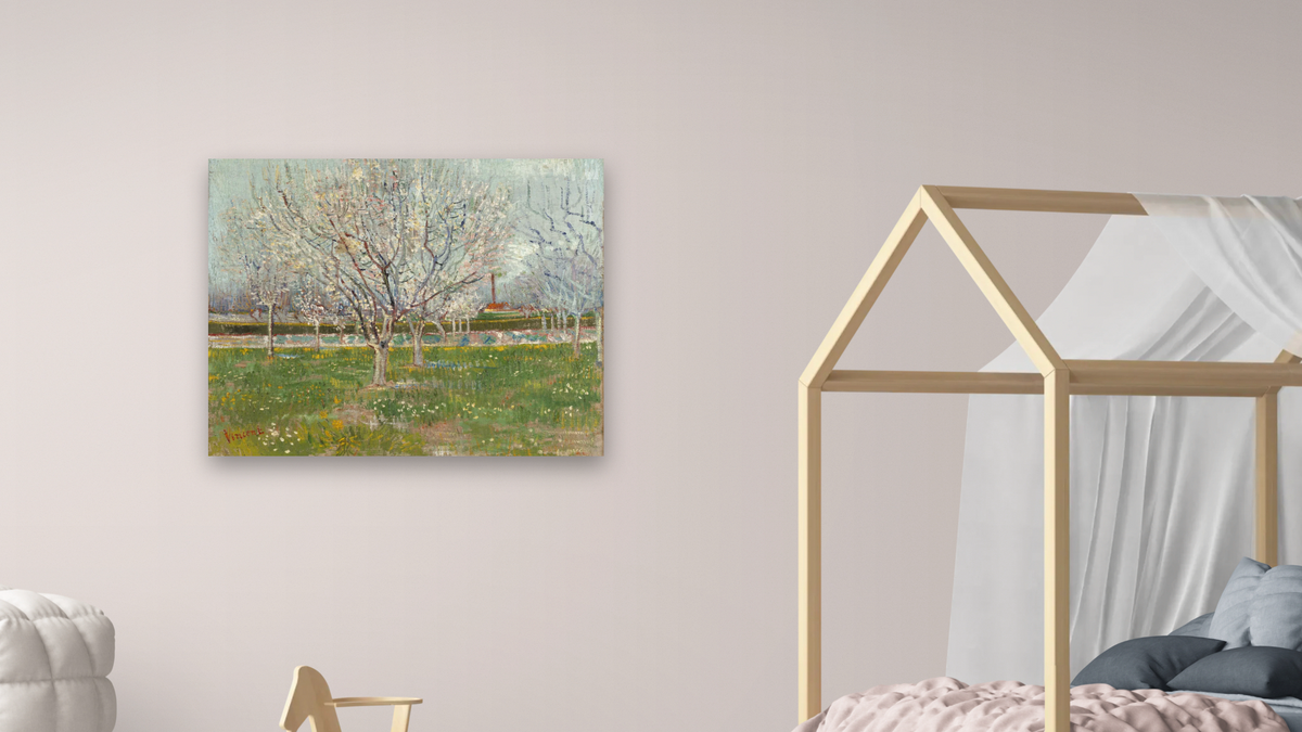 Orchard in Blossom (Plum Trees) by Vincent van Gogh, shown at 32 × 40 in (81.3 × 101.6 cm) as gallery-wrapped canvas, bedroom
