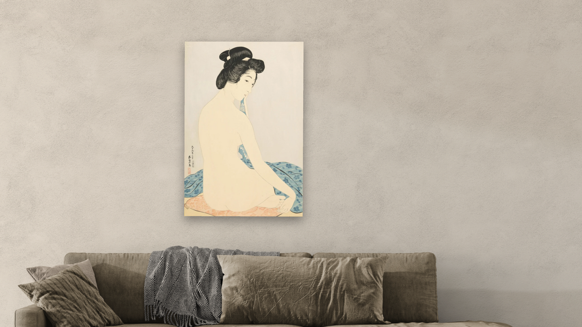 Woman After the Bath by Goyō Hashiguchi, shown at 28 × 42 in (71.1 × 106.7 cm) as gallery-wrapped canvas, living