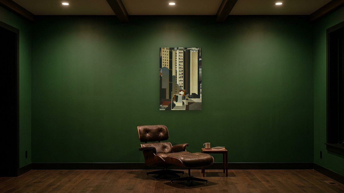 Skyscrapers by Charles Sheeler, shown at 28 × 42 in (71.1 × 106.7 cm) as gallery-wrapped canvas, den