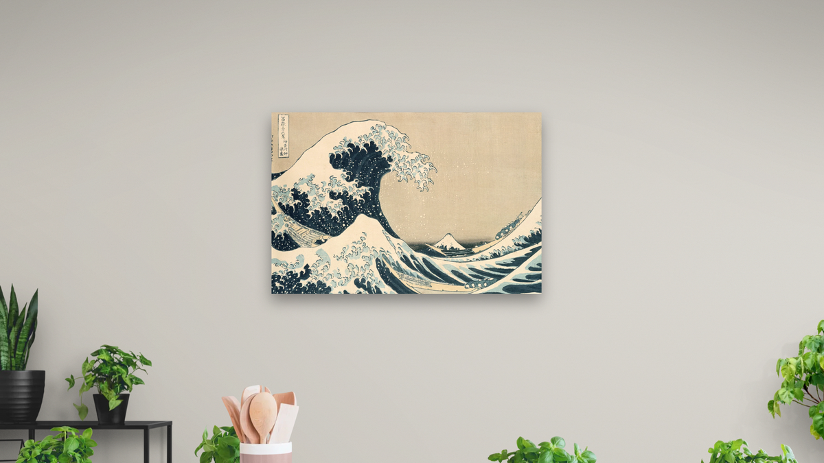 The Great Wave of Kanagawa, from the series '36 Views of Mt. Fuji' ('Fugaku sanjuokkei') pub. by Nishimura Eijudo by Katsushika Hokusai, shown at 28 × 42 in (71.1 × 106.7 cm) as gallery-wrapped canvas, dining
