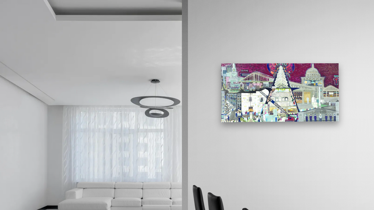 McCarthy Press by Ralph Fasanella, shown at 20 × 40 in (50.8 × 101.6 cm) as gallery-wrapped canvas, dining
