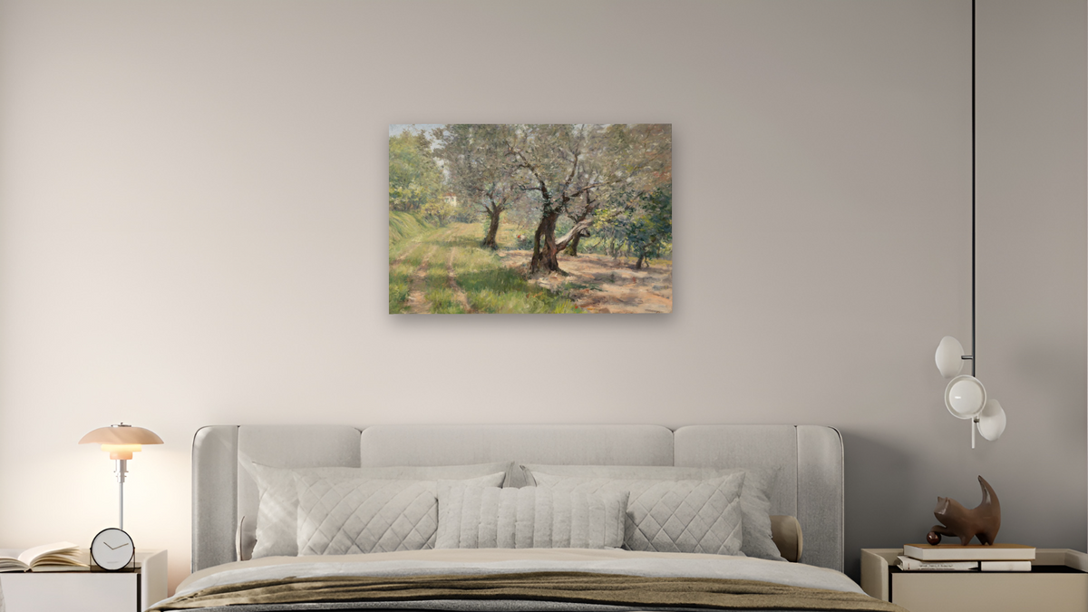 The Olive Grove by William Merritt Chase, shown at 28 × 42 in (71.1 × 106.7 cm) as gallery-wrapped canvas, bedroom