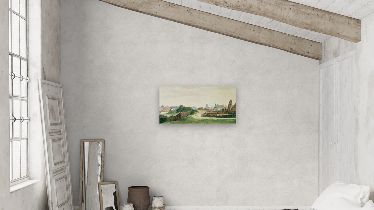 View of Nuremberg by Albrecht Dürer, shown at 20 × 40 in (50.8 × 101.6 cm) as gallery-wrapped canvas, bedroom