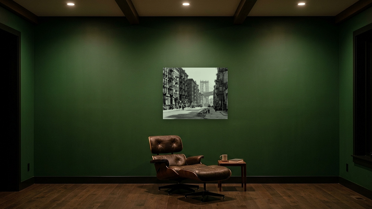 Pike and Henry Streets, Manhattan by Berenice Abbott, shown at 32 × 40 in (81.3 × 101.6 cm) as gallery-wrapped canvas, den