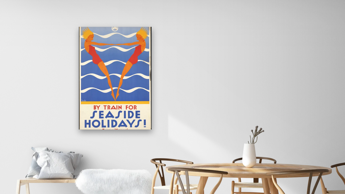 BPL Travel Posters, shown at 28 × 42 in (71.1 × 106.7 cm) as gallery-wrapped canvas, dining