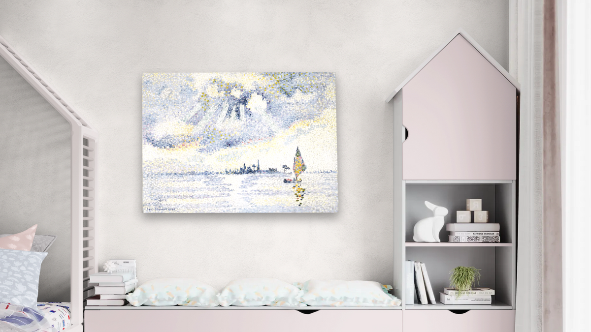 Sunset on the Lagoon, Venice by Henri Edmond Cross, shown at 30 × 40 in (76.2 × 101.6 cm) as gallery-wrapped canvas, bedroom
