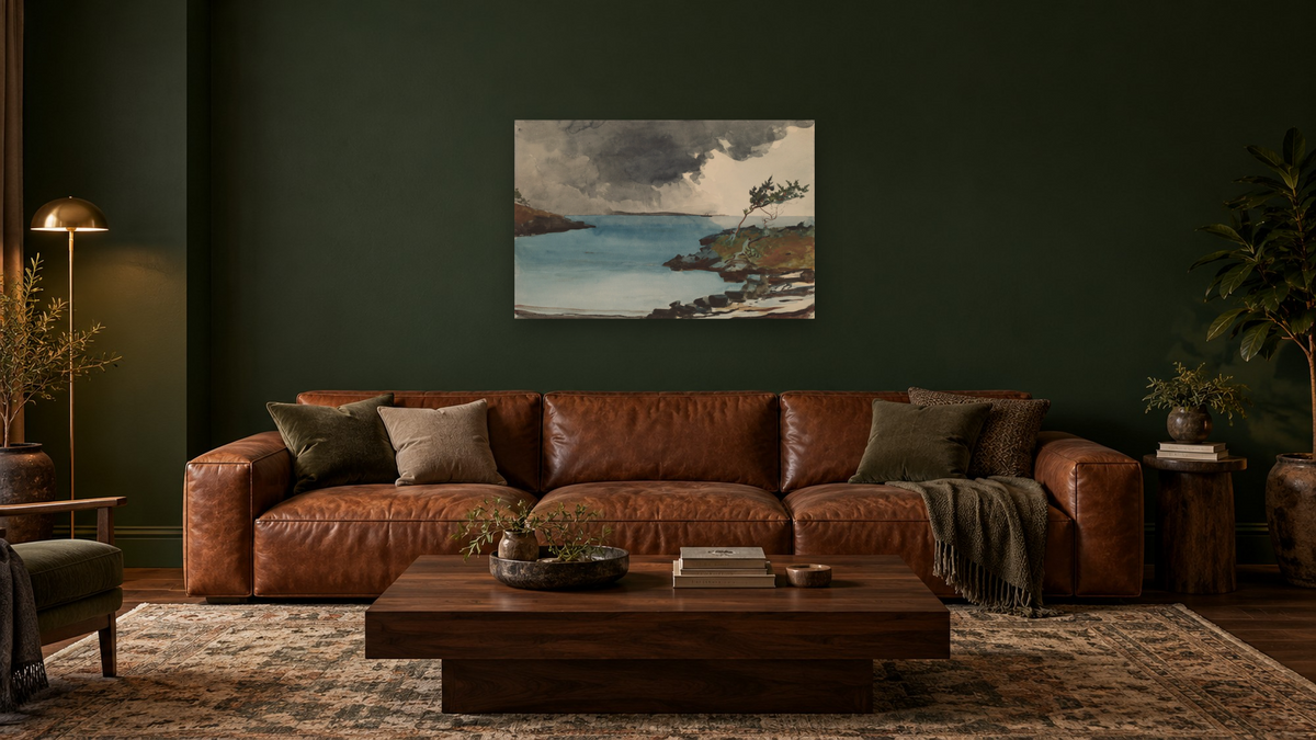 The Coming Storm by Winslow Homer, shown at 28 × 42 in (71.1 × 106.7 cm) as gallery-wrapped canvas, den