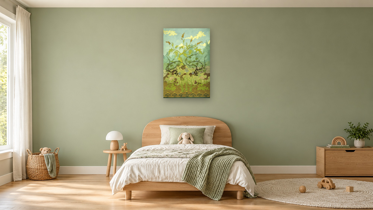 Goldenrod and Mauve Irises by Paul Elie Ranson, shown at 28 × 42 in (71.1 × 106.7 cm) as gallery-wrapped canvas, kids' room