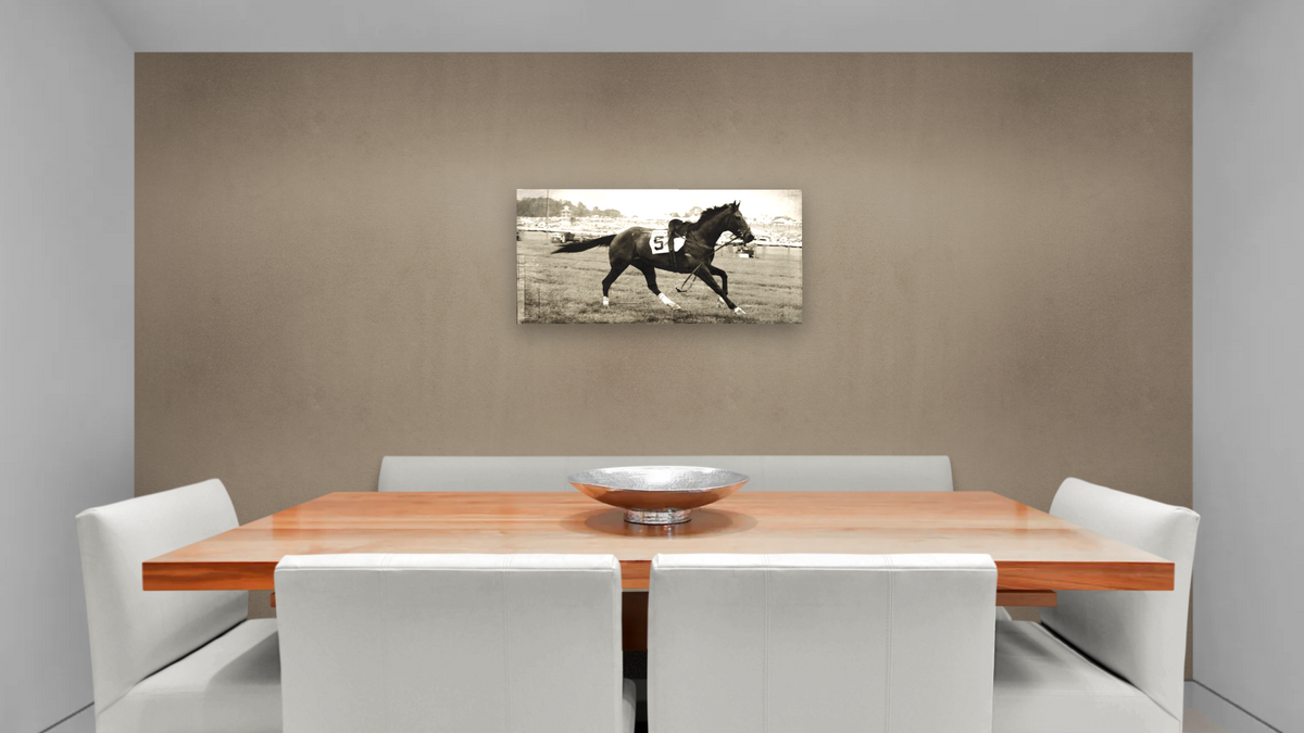 Steeple Chase No.5 by Brandon Luther, shown at 20 × 40 in (50.8 × 101.6 cm) as gallery-wrapped canvas, dining