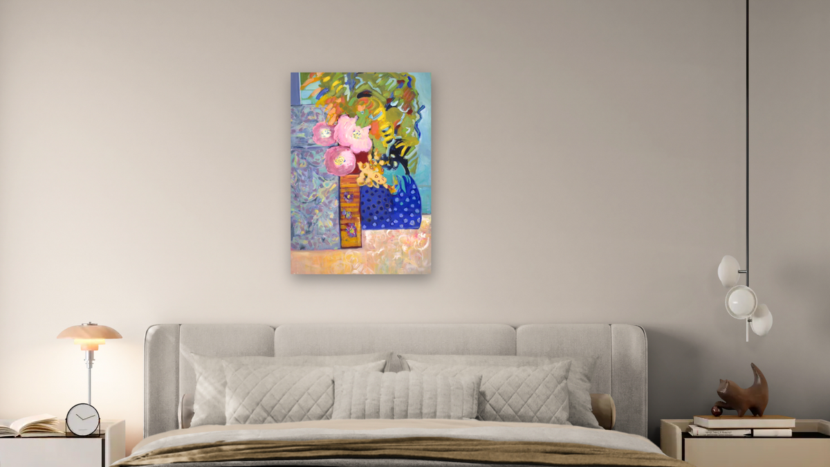 Full Bloom Peony by Diane Boone, shown at 28 × 42 in (71.1 × 106.7 cm) as gallery-wrapped canvas, bedroom