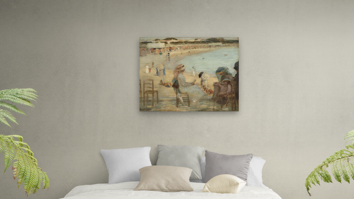 On the Beach (Royan) by Rupert Bunny, shown at 32 × 40 in (81.3 × 101.6 cm) as gallery-wrapped canvas, bedroom