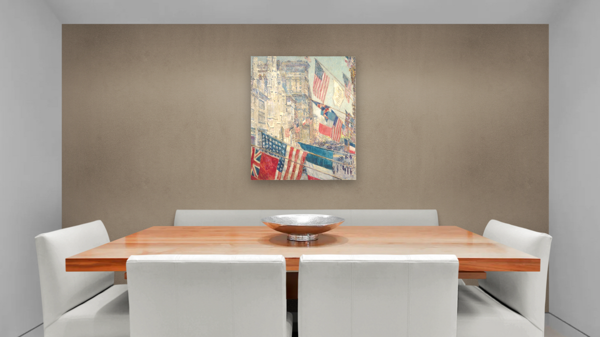 Allies Day, May 1917 by Childe Hassam, shown at 32 × 40 in (81.3 × 101.6 cm) as gallery-wrapped canvas, dining
