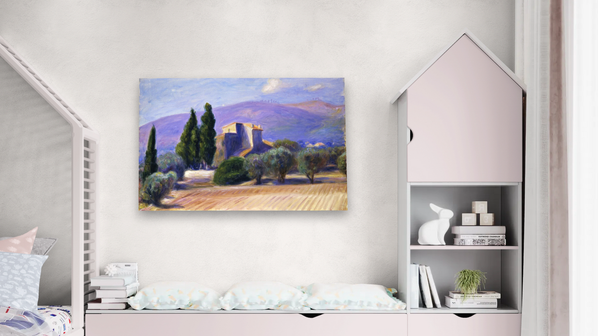 Farm House in Provence by William James Glackens, shown at 28 × 42 in (71.1 × 106.7 cm) as gallery-wrapped canvas, bedroom