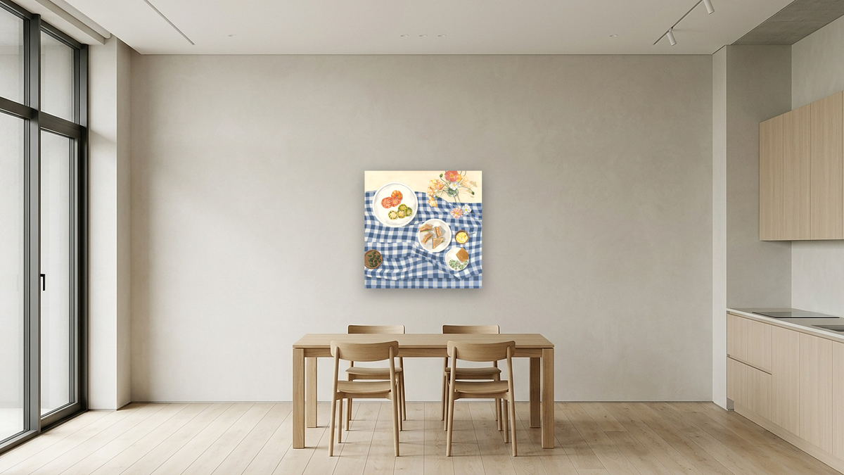 Poppies and Picnics by Catherine Gerke, shown at 32 × 32 in (81.3 × 81.3 cm) as gallery-wrapped canvas, kitchen