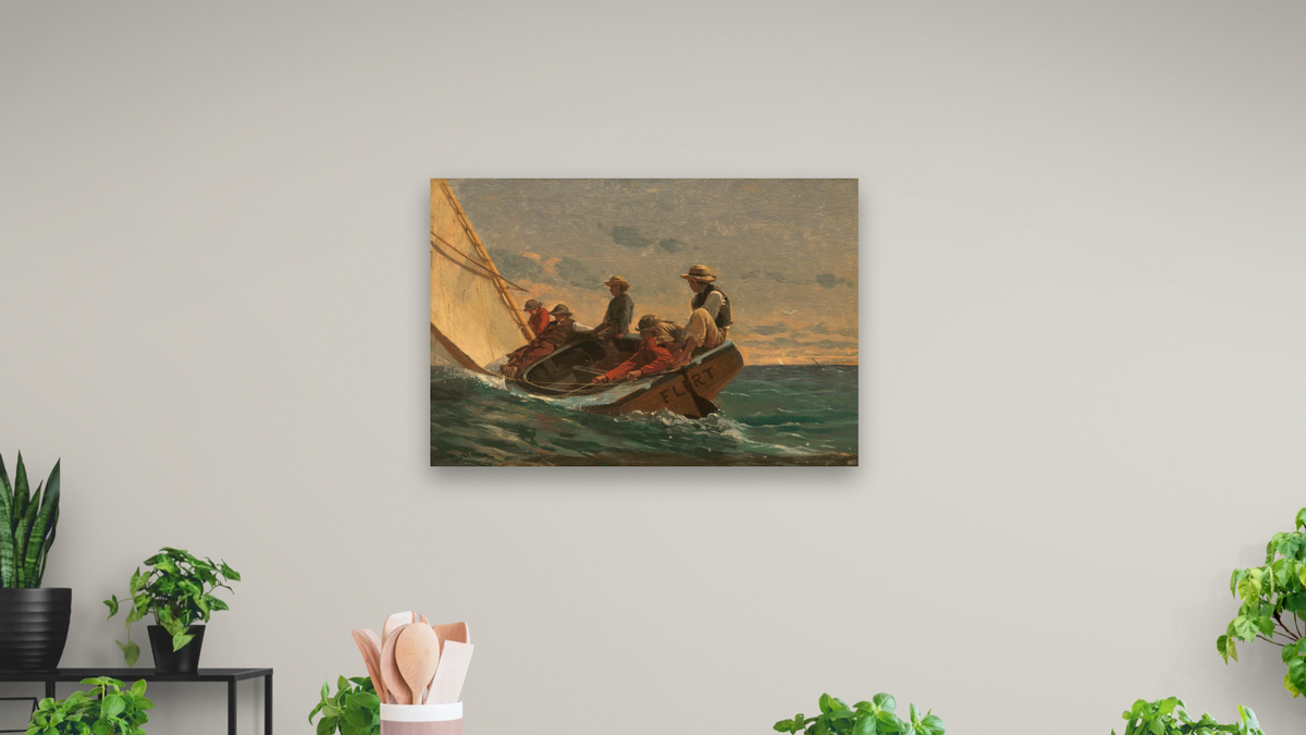 The Flirt by Winslow Homer, shown at 28 × 42 in (71.1 × 106.7 cm) as gallery-wrapped canvas, dining