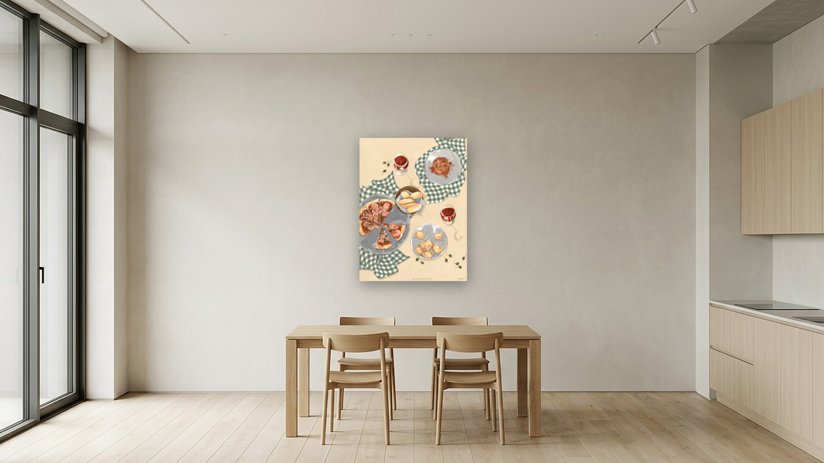 When the Moon Hits Your Eye by Catherine Gerke, shown at 30 × 40 in (76.2 × 101.6 cm) as gallery-wrapped canvas, kitchen