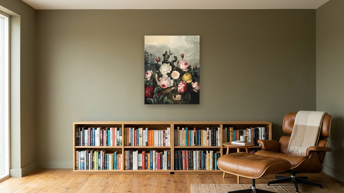Roses by Robert John Thornton, shown at 32 × 40 in (81.3 × 101.6 cm) as gallery-wrapped canvas, library