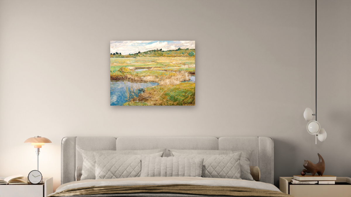 The Concord Meadow, Concord, Massachusetts by Childe Hassam, shown at 32 × 40 in (81.3 × 101.6 cm) as gallery-wrapped canvas, bedroom