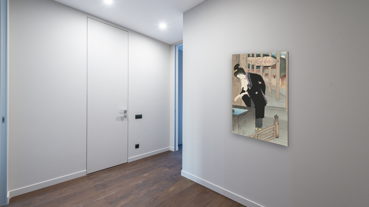 Visiting Kiyomizu Temple (Kiyomizu mode) by Miki Suizan, shown at 28 × 42 in (71.1 × 106.7 cm) as gallery-wrapped canvas, hallway