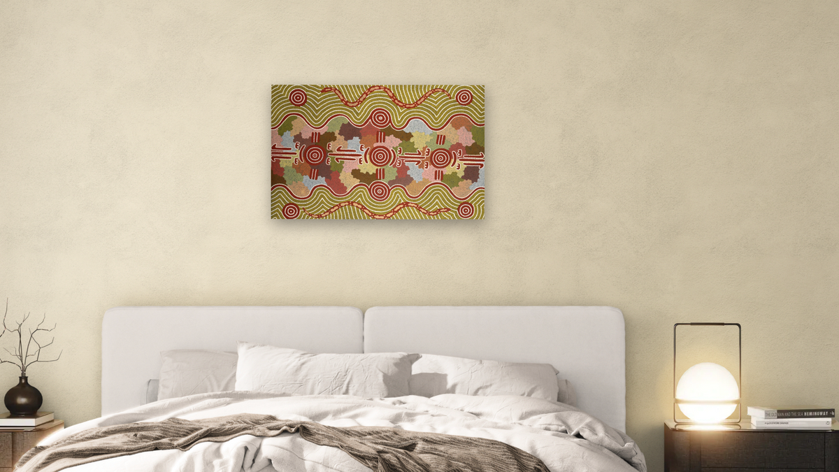 Kangaroo Dreaming with Rainbow Serpent by Michael Nelson Tjakamarra, shown at 28 × 42 in (71.1 × 106.7 cm) as gallery-wrapped canvas, bedroom