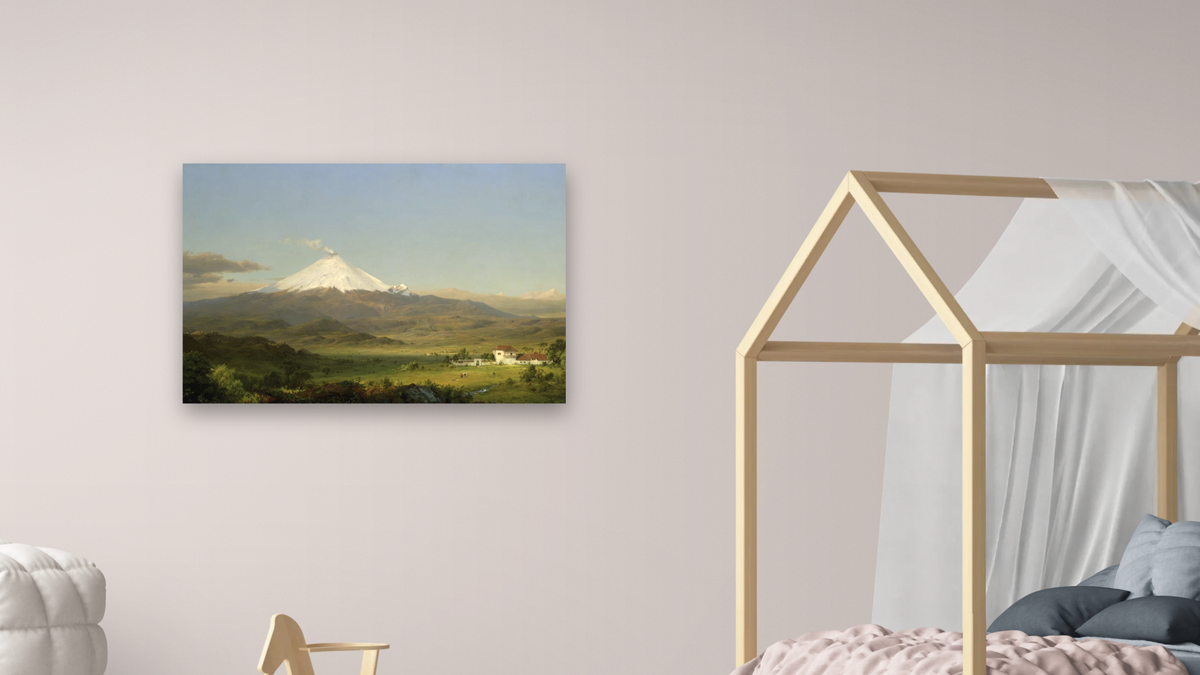 Cotopaxi by Frederic Edwin Church, shown at 28 × 42 in (71.1 × 106.7 cm) as gallery-wrapped canvas, bedroom