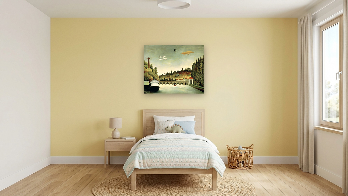 View of the Bridge at Sevres and the Hills at Clamart, St. Cloud and Bellevue by Henri Rousseau, shown at 32 × 40 in (81.3 × 101.6 cm) as gallery-wrapped canvas, kids' room