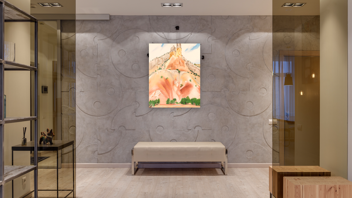 The Cliff Chimneys by Georgia O'Keeffe, shown at 32 × 40 in (81.3 × 101.6 cm) as gallery-wrapped canvas, hallway