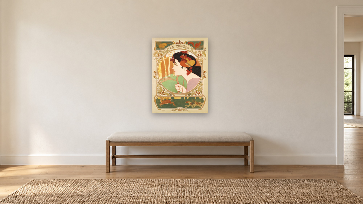 La Chasse Poster by Medaille, shown at 30 × 40 in (76.2 × 101.6 cm) as gallery-wrapped canvas, hallway