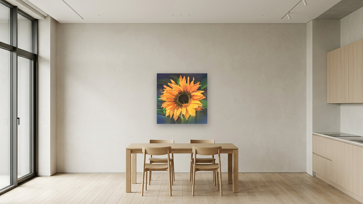 Single Sunflower by Kirsten Söderlind, shown at 32 × 32 in (81.3 × 81.3 cm) as gallery-wrapped canvas, kitchen