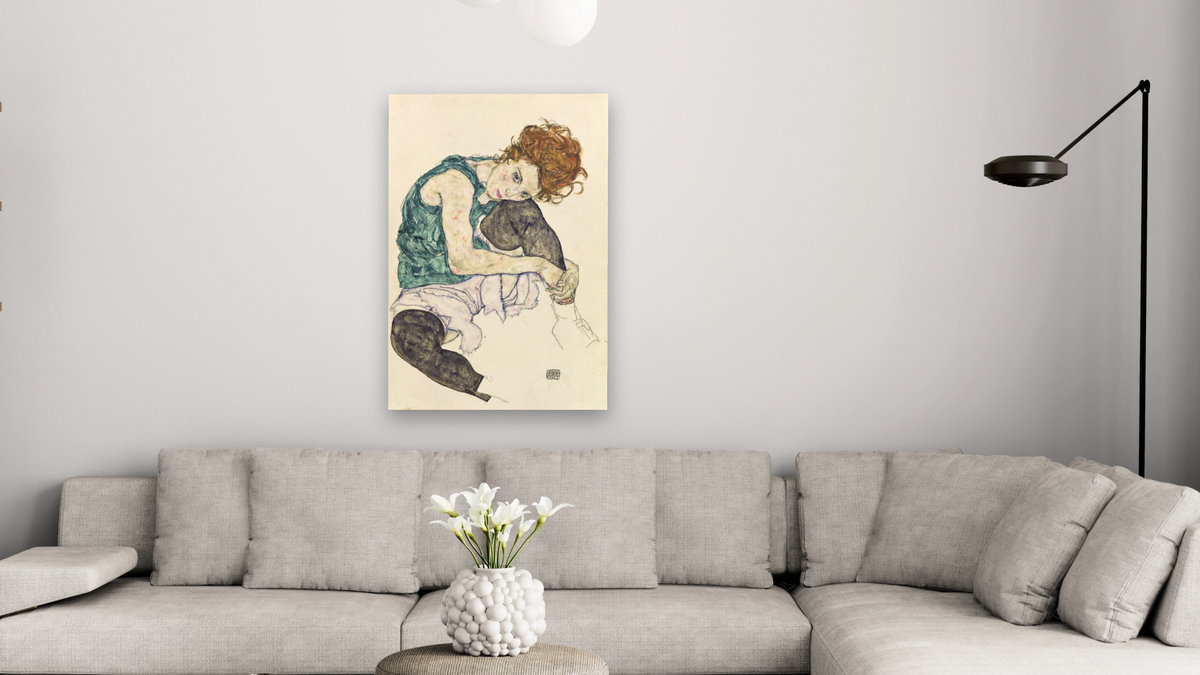 Seated Woman with Bent Knee by Egon Schiele, shown at 28 × 42 in (71.1 × 106.7 cm) as gallery-wrapped canvas, living