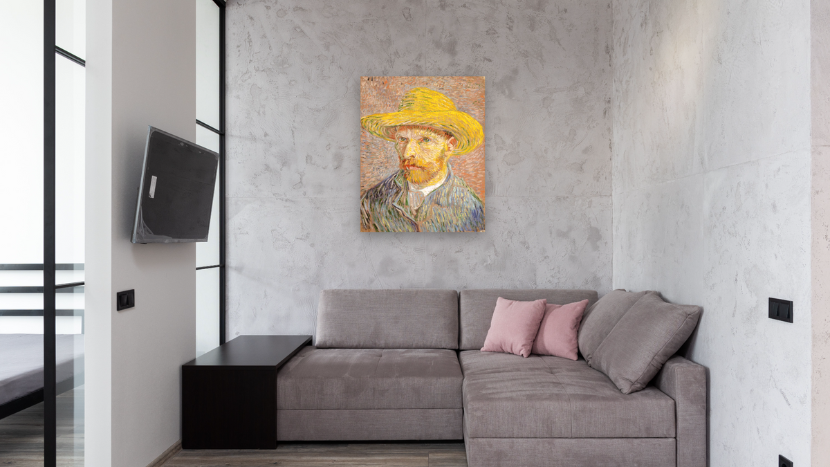 Self-Portrait with a Straw Hat (obverse: The Potato Peeler) by Vincent van Gogh, shown at 32 × 40 in (81.3 × 101.6 cm) as gallery-wrapped canvas, media room