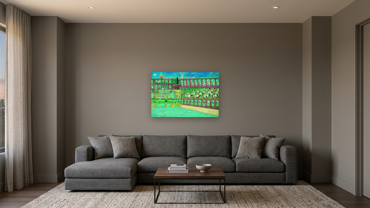 Mill Town - Weaving Department by Ralph Fasanella, shown at 28 × 42 in (71.1 × 106.7 cm) as gallery-wrapped canvas, media room