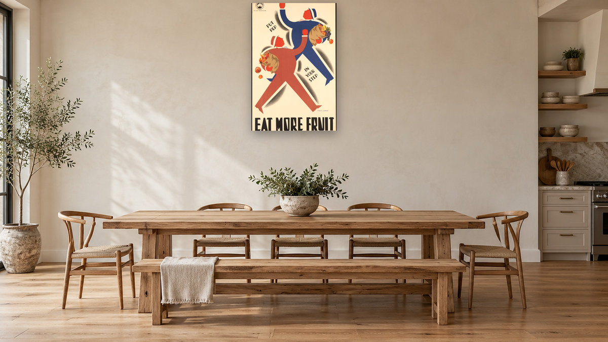 BPL Travel Posters, shown at 28 × 42 in (71.1 × 106.7 cm) as gallery-wrapped canvas, kitchen