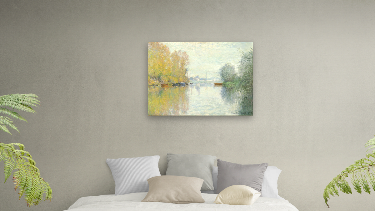 Autumn on the Seine, Argenteuil (Automne sur la Seine, Argenteuil) by Claude Monet, shown at 30 × 40 in (76.2 × 101.6 cm) as gallery-wrapped canvas, bedroom