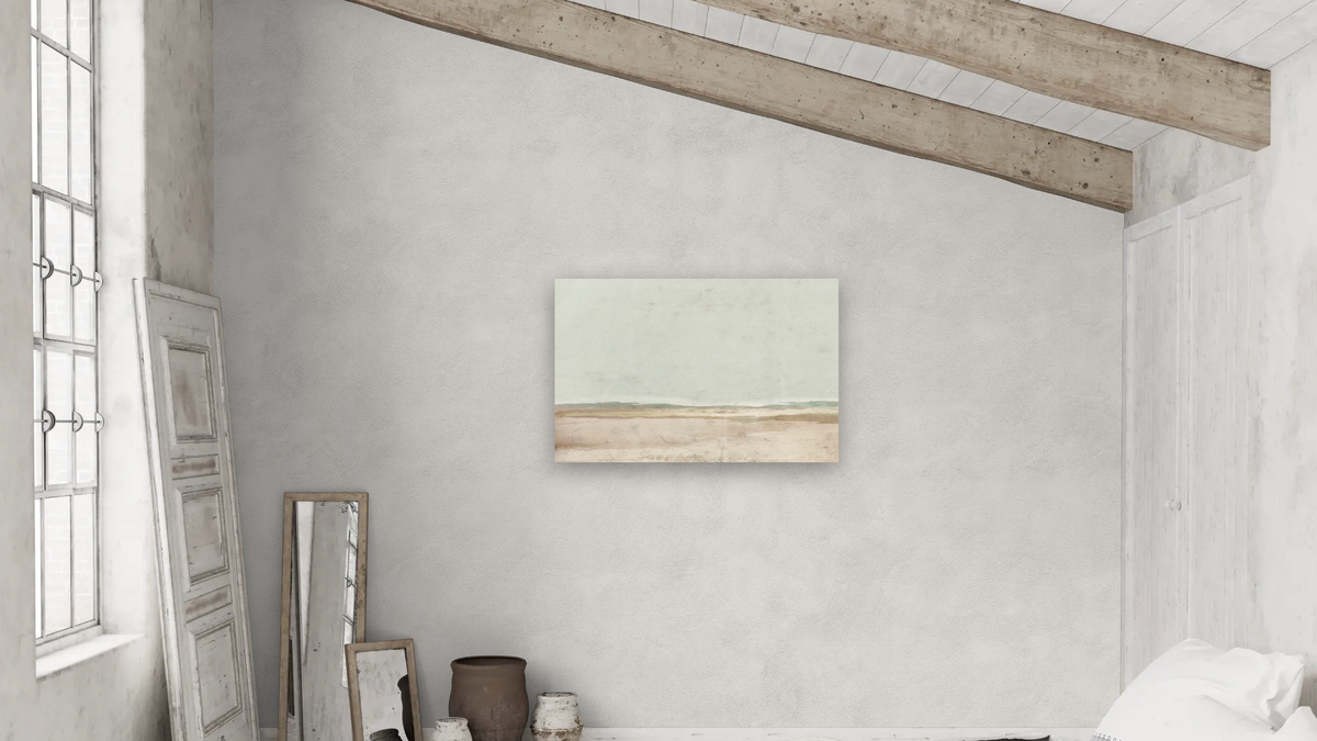 The Old Town by Dan Hobday, shown at 28 × 42 in (71.1 × 106.7 cm) as gallery-wrapped canvas, bedroom